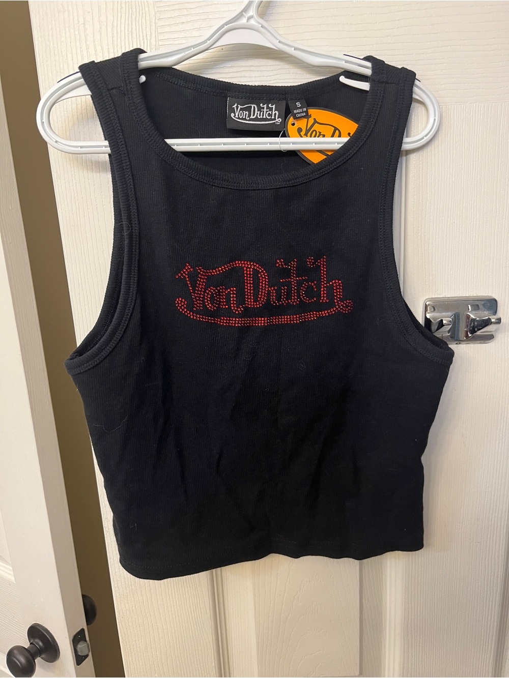 Von Dutch Black Tank with Red Rhinestone Logo size S NWT
